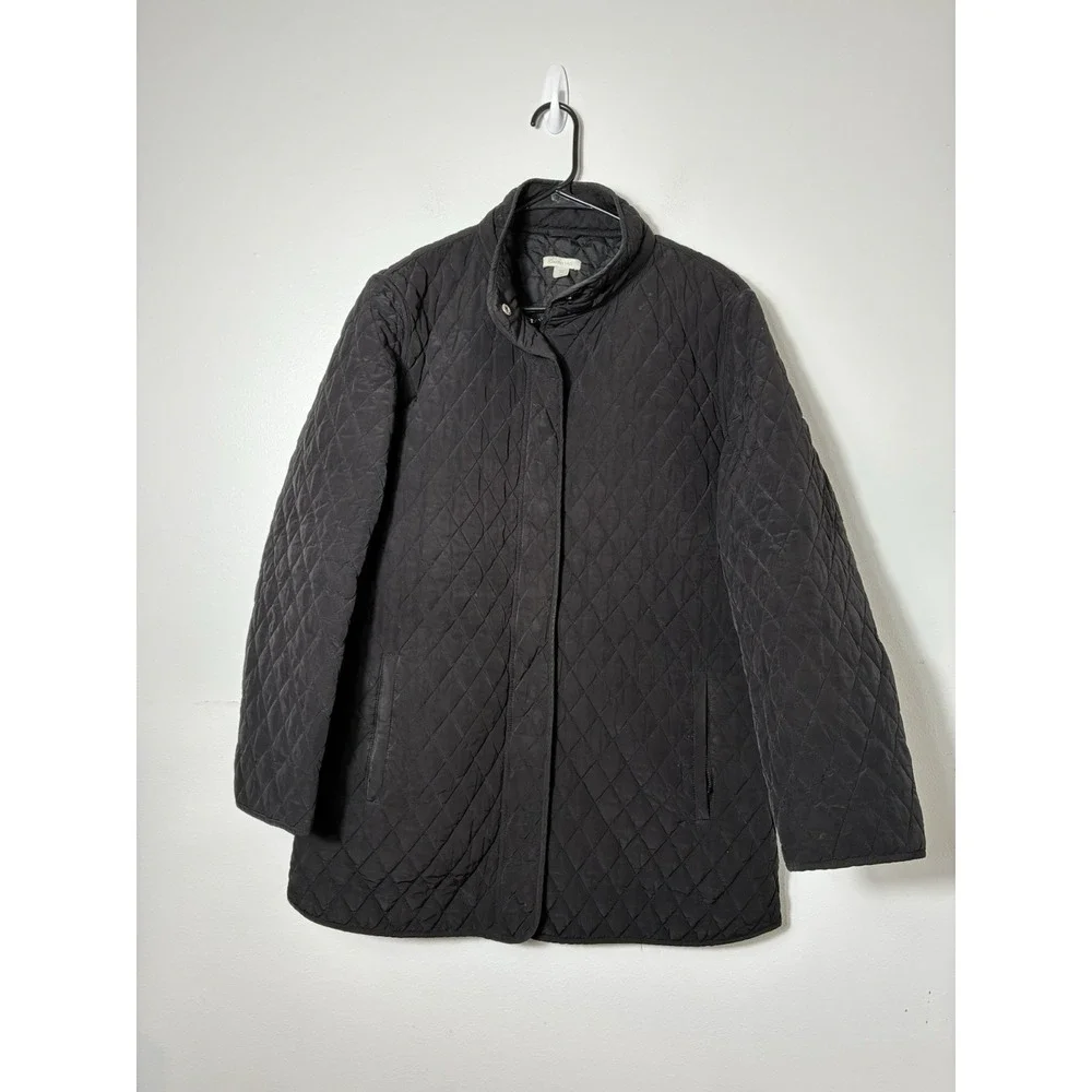 Garnet Hill Quilted Full Zip Jacket‎ Women's 12 Black Classic Fall Missing Good